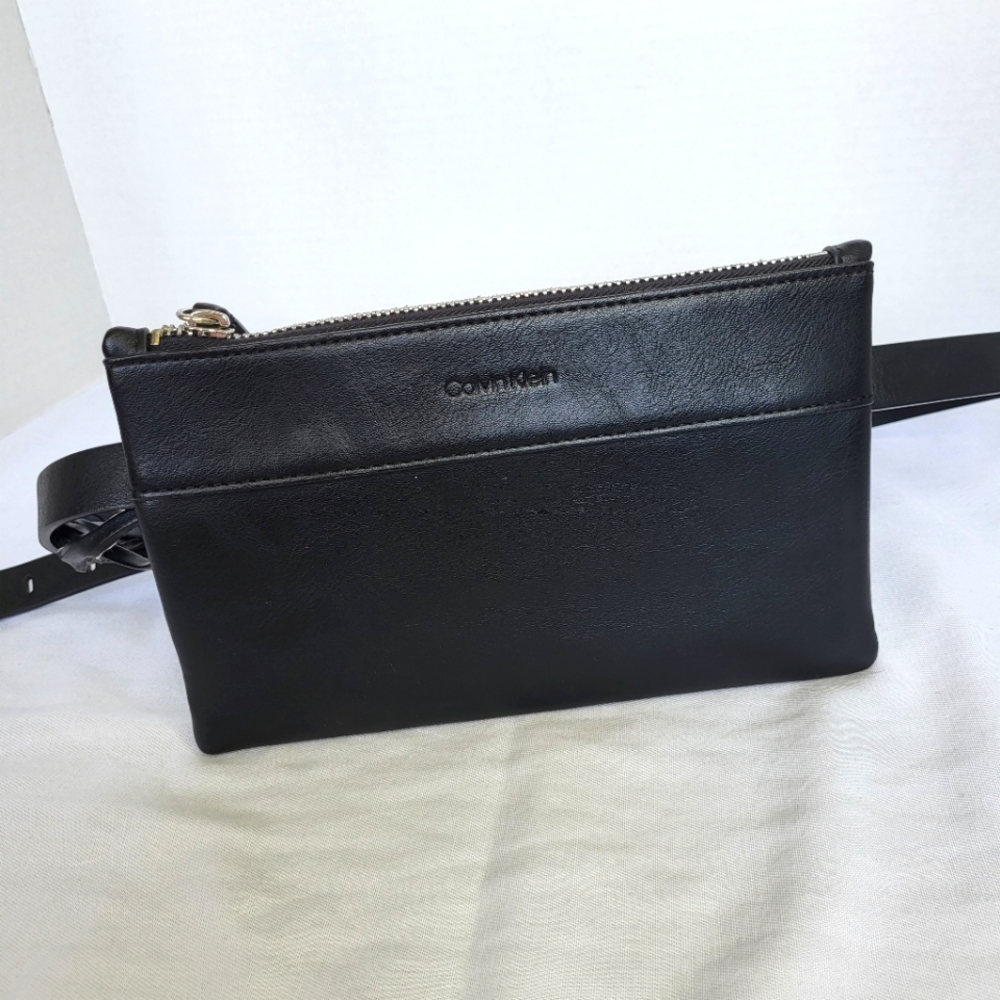 Calvin Klein black faux leather flat waist bag adjustable strap zipper closure